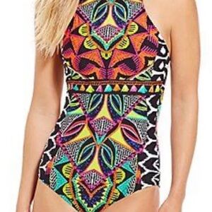 NWOT TRINA TURK SIZE 6 AFRICANA One Piece Halter BLACK Multi-Color Swimsuit
